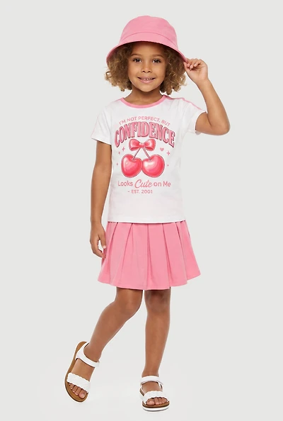 Little Girls Confidence Looks Cute Graphic Tee and Pleated Skort with Bucket Hat