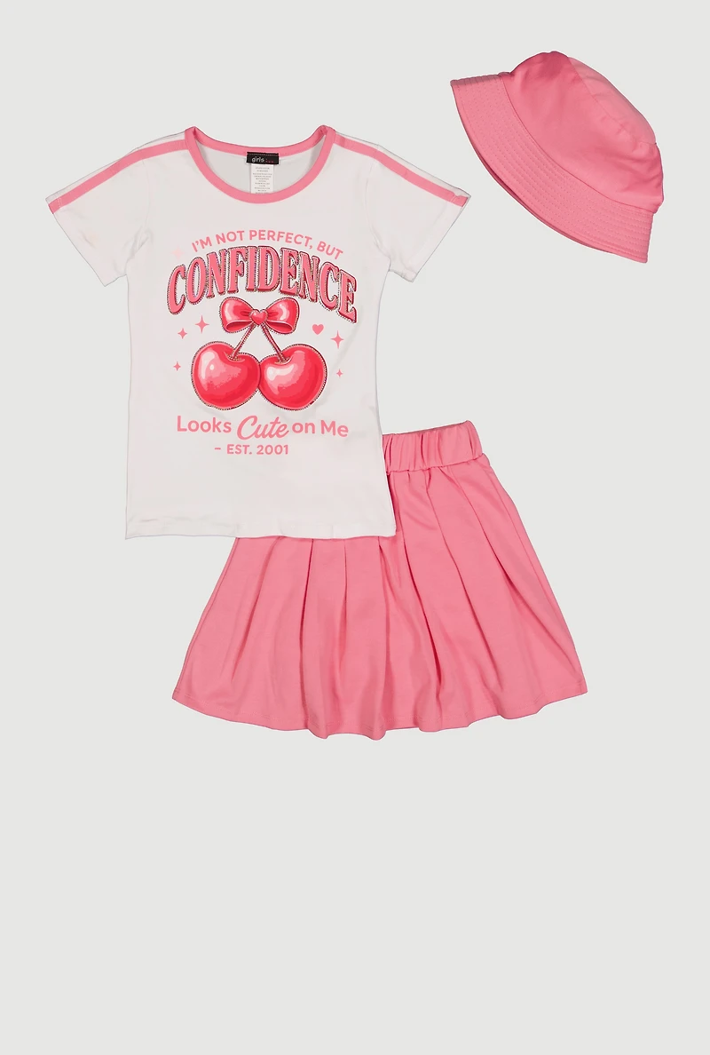 Little Girls Confidence Looks Cute Graphic Tee and Pleated Skort with Bucket Hat