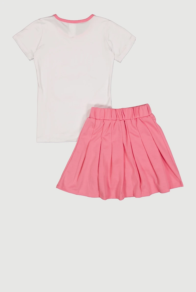 Little Girls Confidence Looks Cute Graphic Tee and Pleated Skort with Bucket Hat