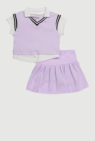 Little Girls Rhinestone Love Sweater Vest Shirt and Skirt Set