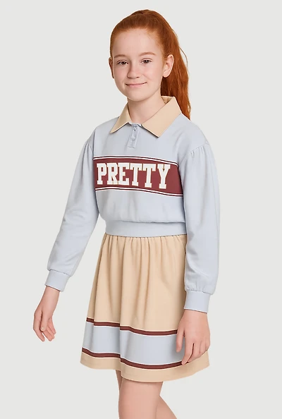 Girls Pretty Polo Top and Pleated Skirt Set, Blue, Size 14-16