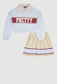 Girls Pretty Polo Top and Pleated Skirt Set, Blue, Size 14-16