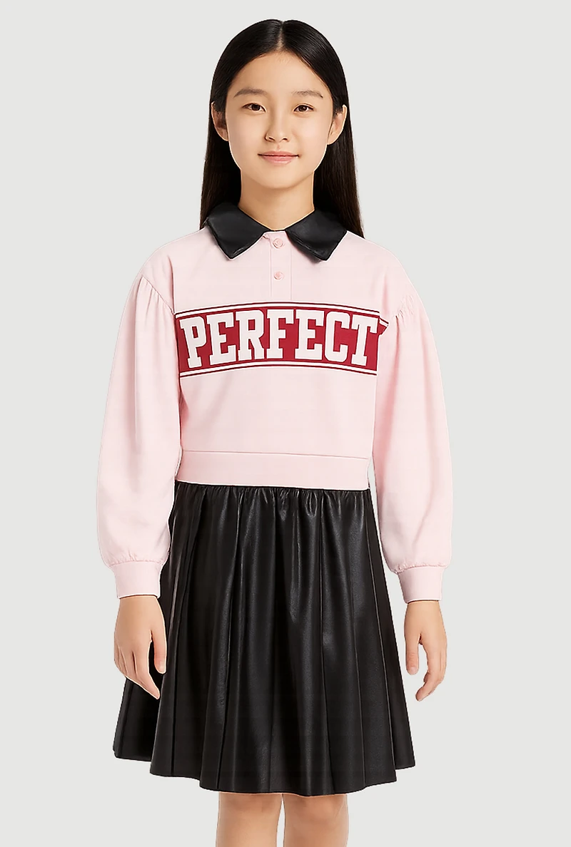 Girls Perfect Polo Top and Pleated Skirt Set, Multi, Size 10-12
