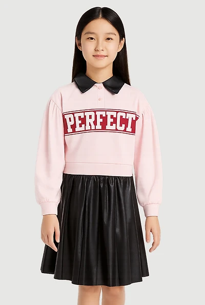 Girls Perfect Polo Top and Pleated Skirt Set, Multi, Size 14-16
