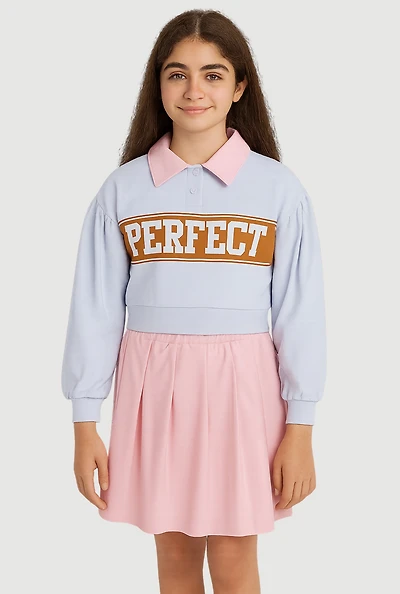 Girls Perfect Polo Top and Pleated Skirt Set, Multi, Size 10-12