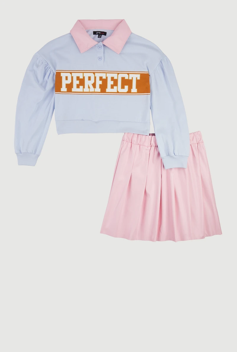 Girls Perfect Polo Top and Pleated Skirt Set, Multi,
