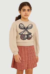 Girls Rhinestone Bow Cherry Graphic Sweatshirt and Plaid Pleated Skirt, Beige, Size 10-12