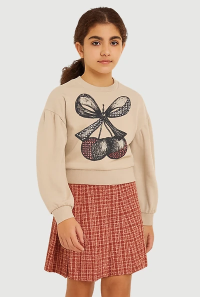 Girls Rhinestone Bow Cherry Graphic Sweatshirt and Plaid Pleated Skirt, 10-12