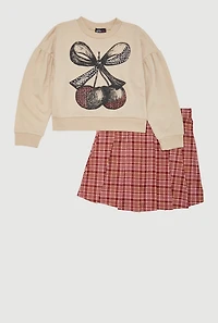 Girls Rhinestone Bow Cherry Graphic Sweatshirt and Plaid Pleated Skirt, Beige, Size 10-12