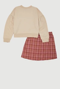 Girls Rhinestone Bow Cherry Graphic Sweatshirt and Plaid Pleated Skirt, Beige, Size 10-12