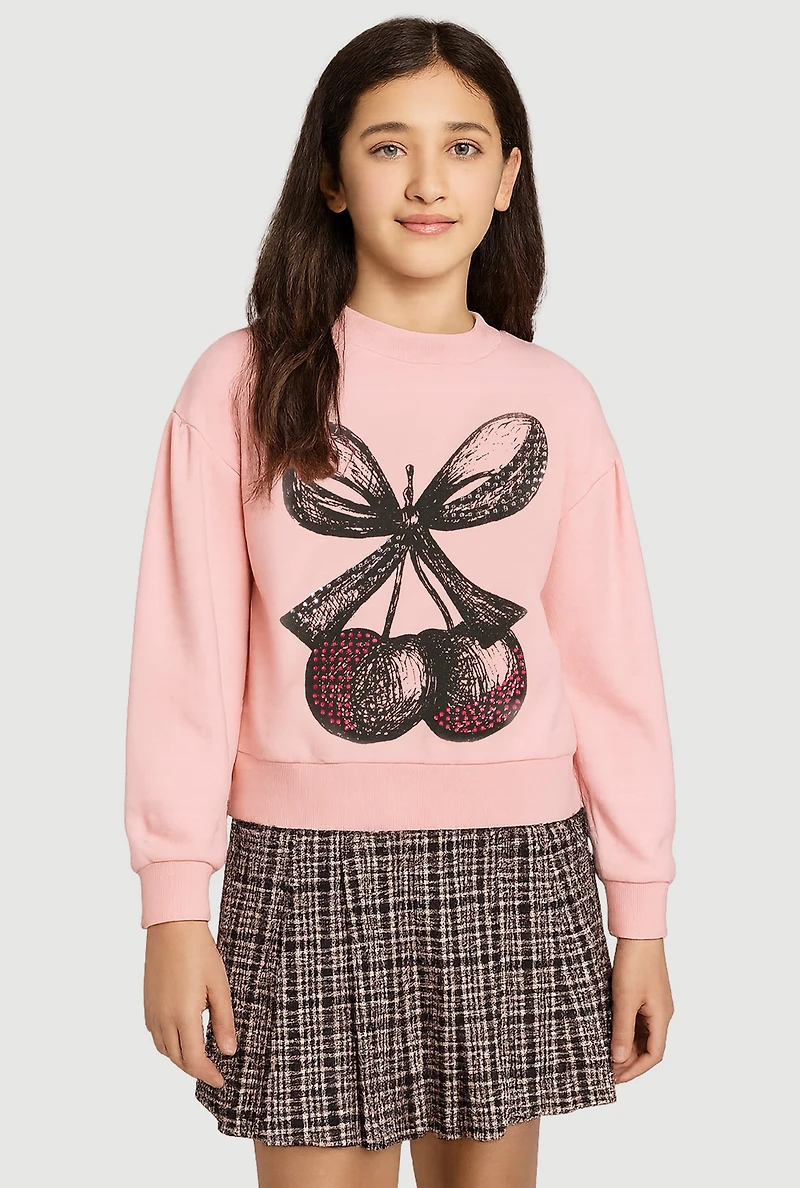 Girls Rhinestone Bow Cherry Graphic Sweatshirt and Plaid Pleated Skirt, Multi, Size 10-12