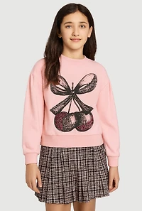 Girls Rhinestone Bow Cherry Graphic Sweatshirt and Plaid Pleated Skirt, Multi, Size 10-12