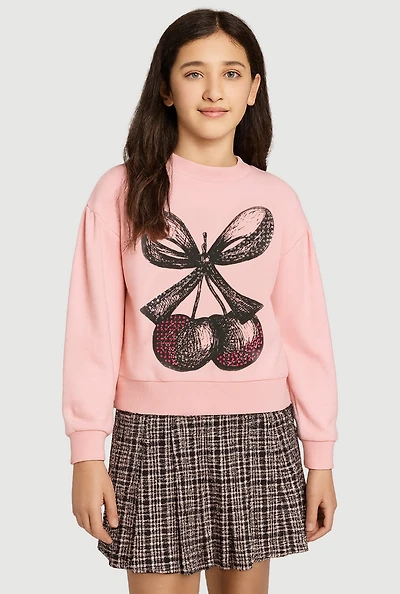 Girls Rhinestone Bow Cherry Graphic Sweatshirt and Plaid Pleated Skirt, Multi, Size 14-16
