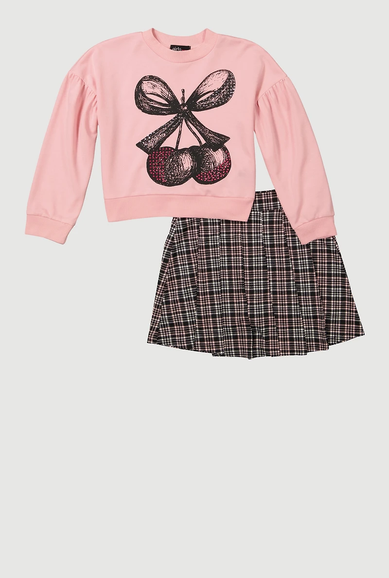 Girls Rhinestone Bow Cherry Graphic Sweatshirt and Plaid Pleated Skirt, Multi, Size 10-12