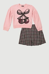 Girls Rhinestone Bow Cherry Graphic Sweatshirt and Plaid Pleated Skirt, Multi, Size 10-12