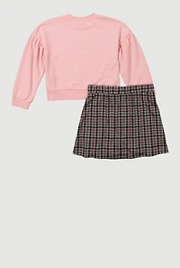 Girls Rhinestone Bow Cherry Graphic Sweatshirt and Plaid Pleated Skirt, Multi, Size 10-12