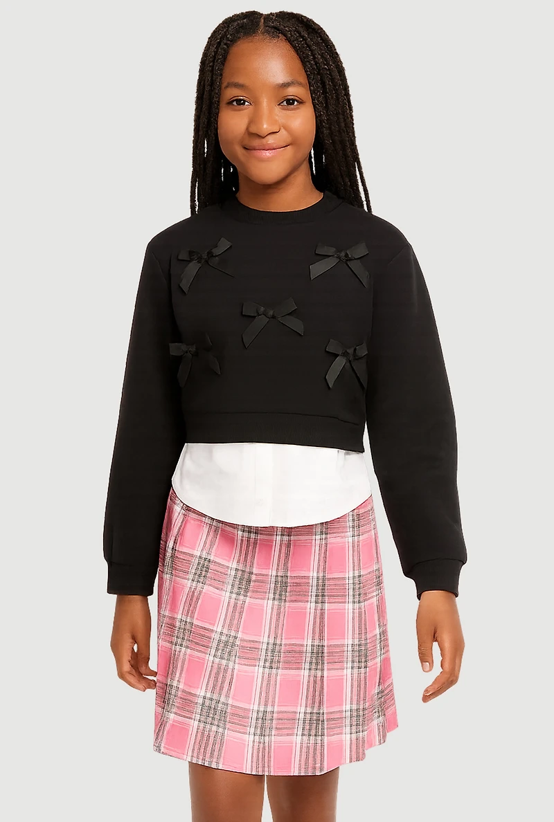 Girls Bow Layered Look Sweatshirt and Plaid Pleated Skirt, Multi, Size 7-8