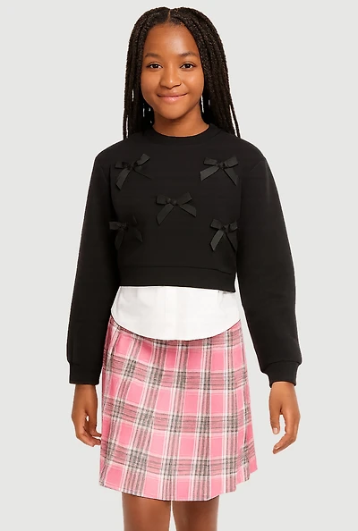 Girls Bow Layered Look Sweatshirt and Plaid Pleated Skirt, Multi, Size 7-8