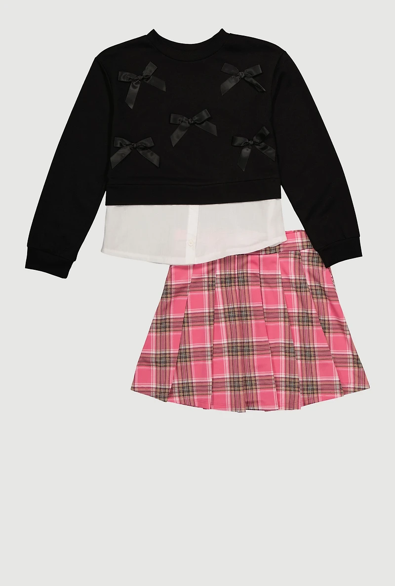 Girls Bow Layered Look Sweatshirt and Plaid Pleated Skirt, Multi, Size 7-8