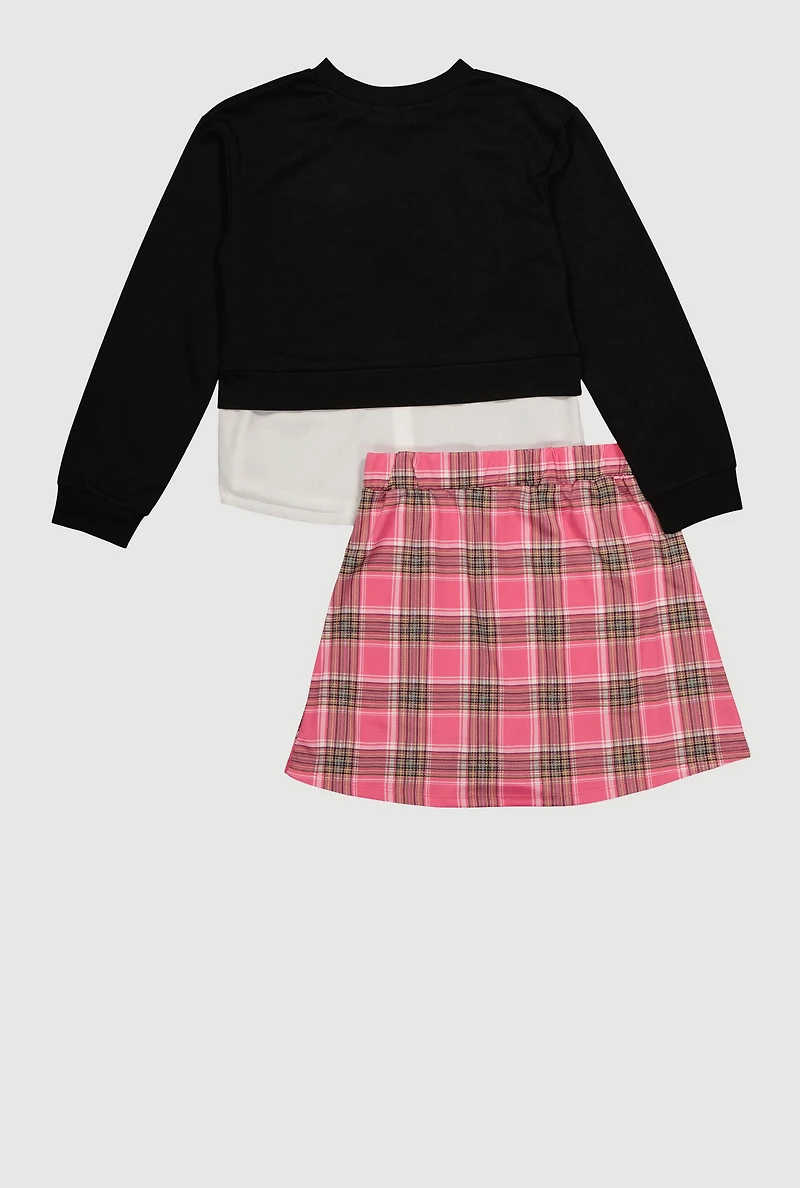 Girls Bow Layered Look Sweatshirt and Plaid Pleated Skirt, Multi, Size 7-8