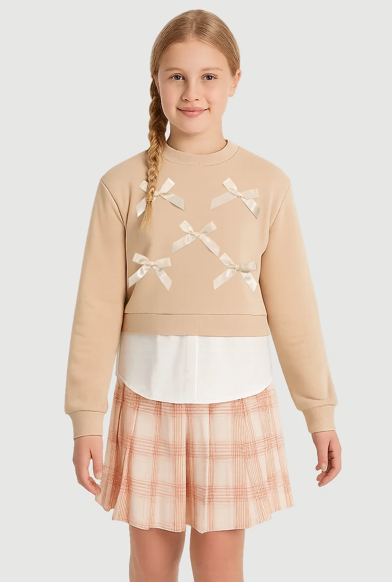 Girls Bows Layered Look Sweatshirt and Plaid Pleated Skirt, Beige,