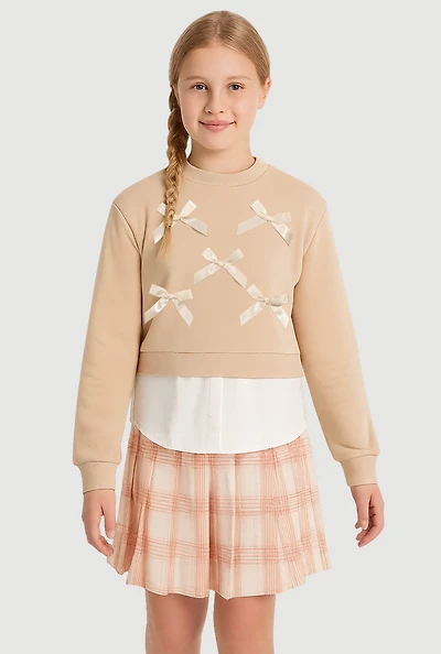 Girls Bows Layered Look Sweatshirt and Plaid Pleated Skirt, Beige,