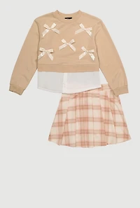 Girls Bows Layered Look Sweatshirt and Plaid Pleated Skirt, Beige,