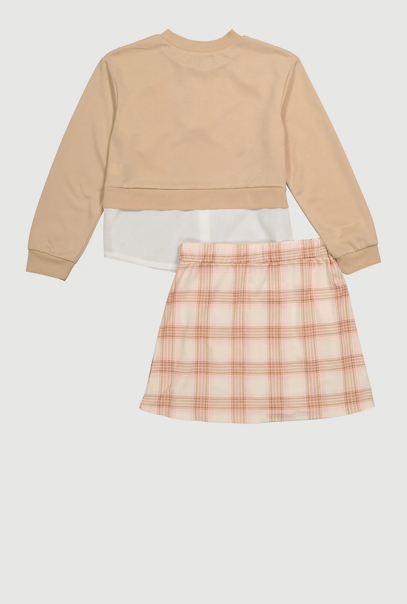 Girls Bows Layered Look Sweatshirt and Plaid Pleated Skirt, Beige,