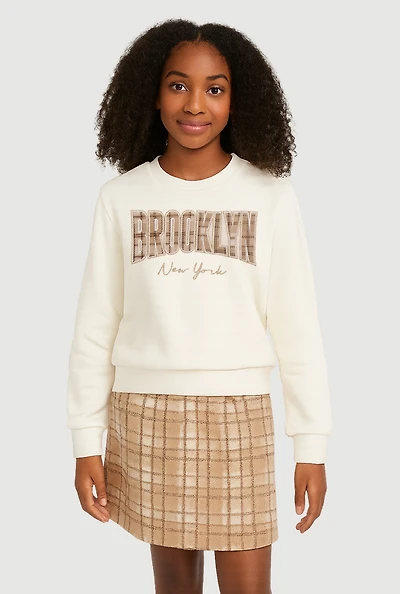 Girls Brooklyn Graphic Sweatshirt and Plaid Skirt Set, Brown, Size 10-12