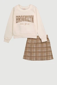 Girls Brooklyn Graphic Sweatshirt and Plaid Skirt Set, Brown, Size 10-12