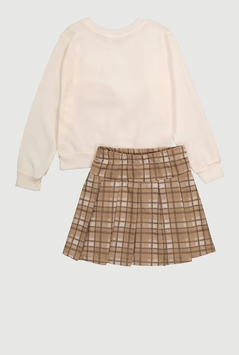 Girls Brooklyn Graphic Sweatshirt and Plaid Skirt Set, Brown, Size 10-12