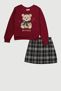Girls Be Kind Graphic Sweatshirt and Plaid Skirt Set, Multi,