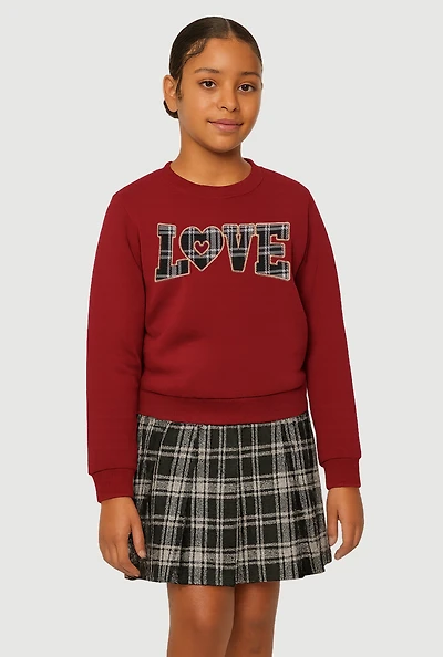 Girls Fleece Love Long Sleeve Sweatshirt and Plaid Skirt, Burgundy,
