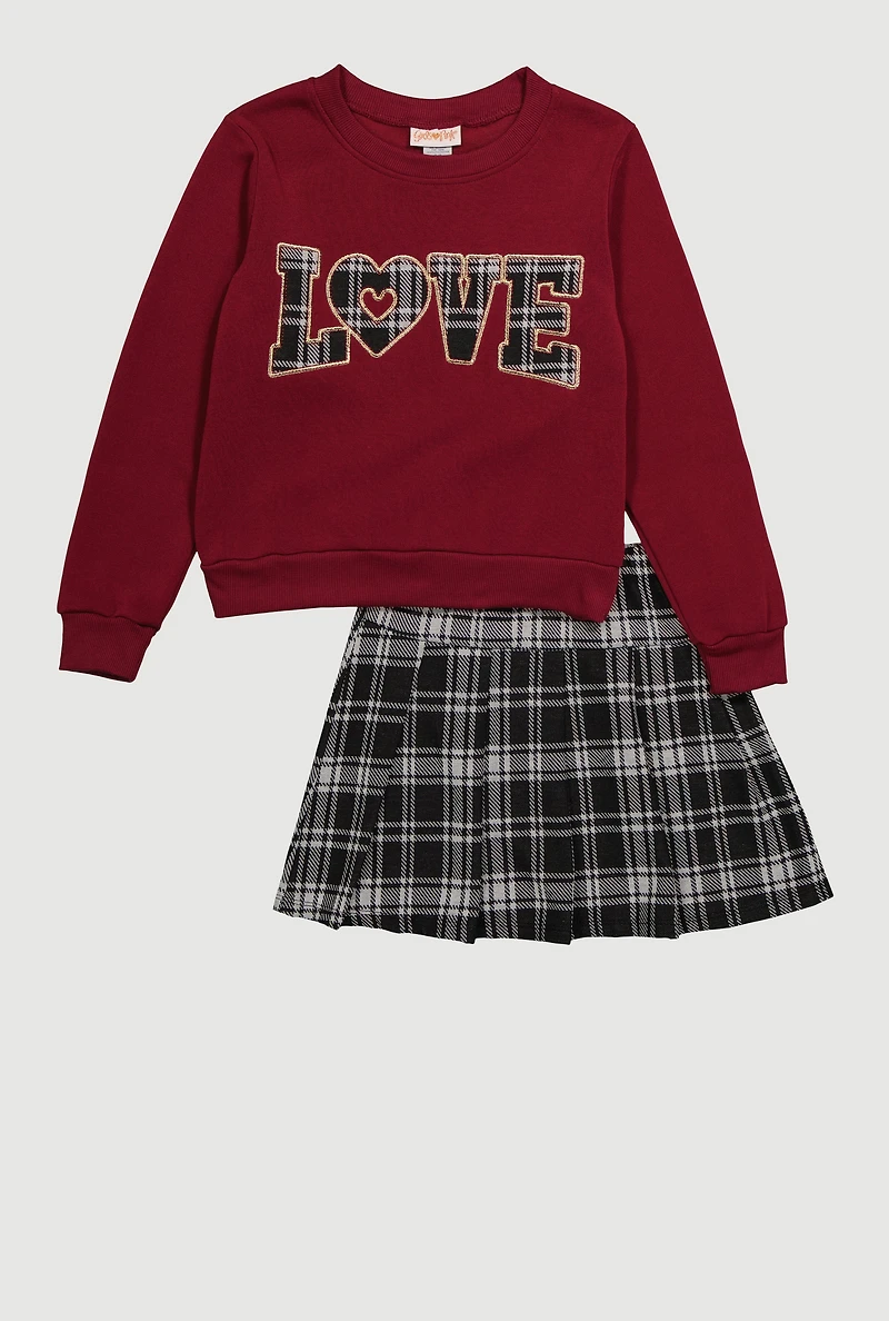 Girls Fleece Love Long Sleeve Sweatshirt and Plaid Skirt, Burgundy,