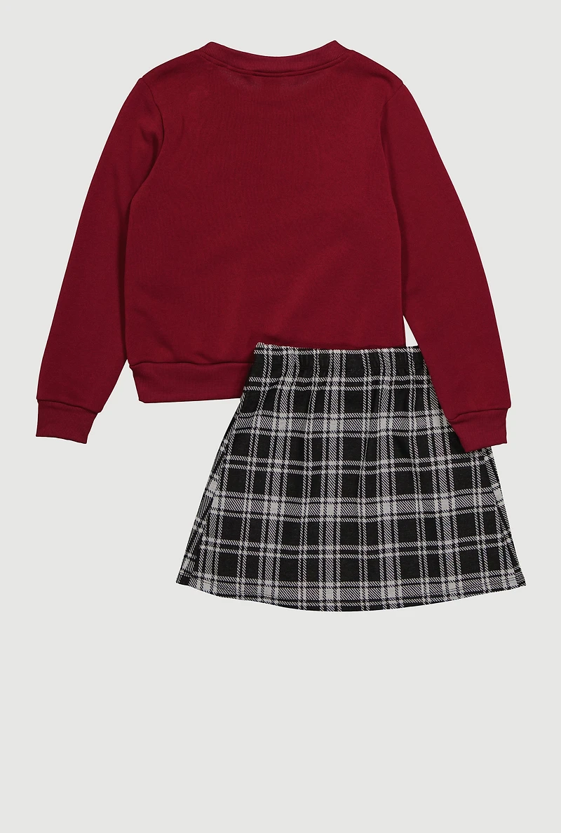 Girls Fleece Love Long Sleeve Sweatshirt and Plaid Skirt, Burgundy,