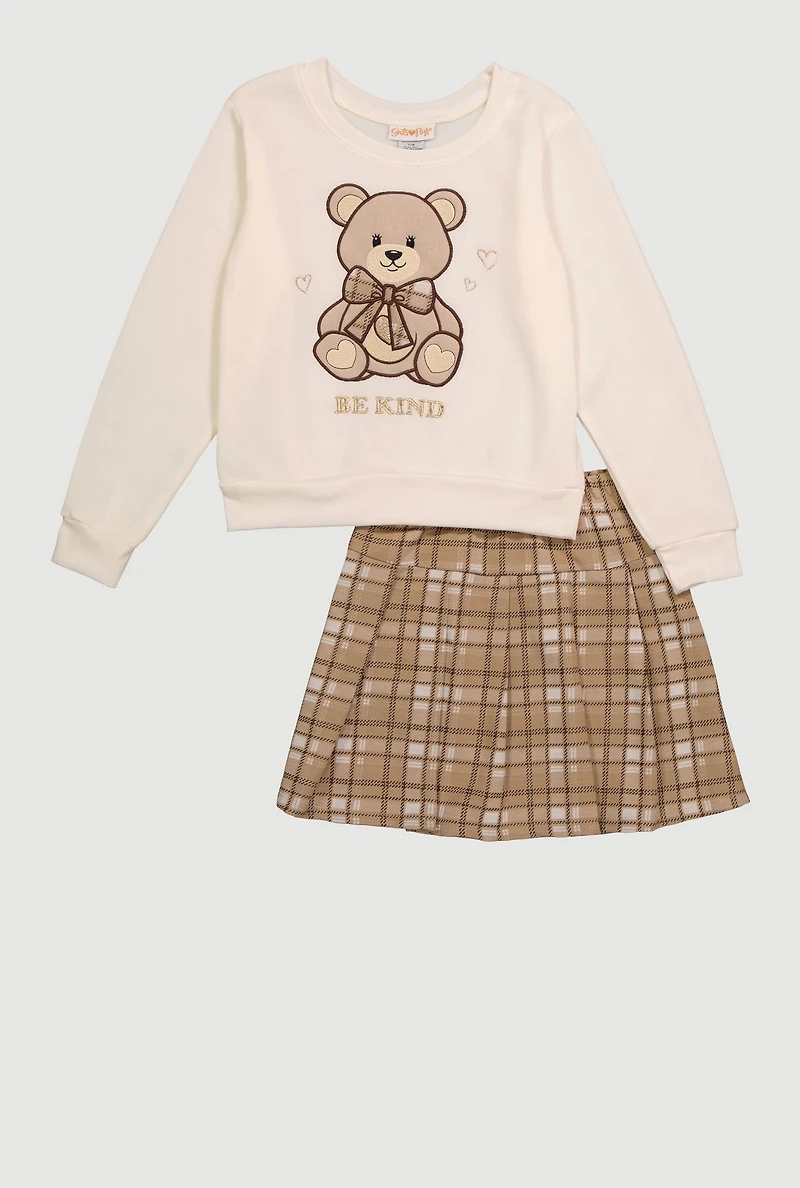 Girls Be Kind Graphic Sweater and Plaid Skirt, Brown, Size 10-12