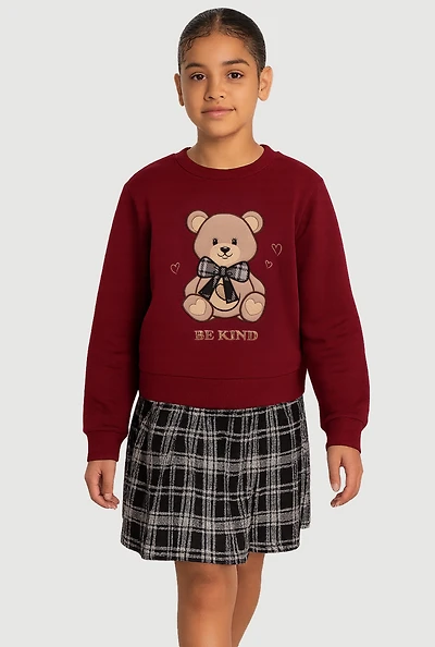 Girls Be Kind Graphic Sweater and Plaid Skirt, Burgundy,