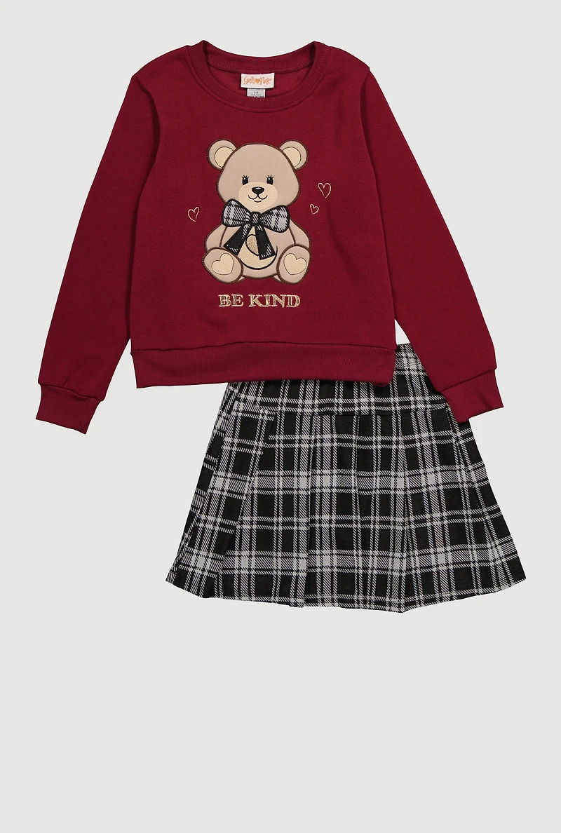 Girls Be Kind Graphic Sweater and Plaid Skirt, Burgundy,