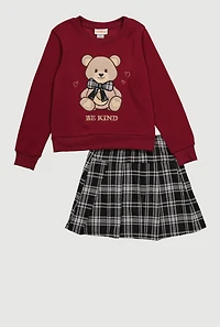 Girls Be Kind Graphic Sweater and Plaid Skirt, Burgundy,