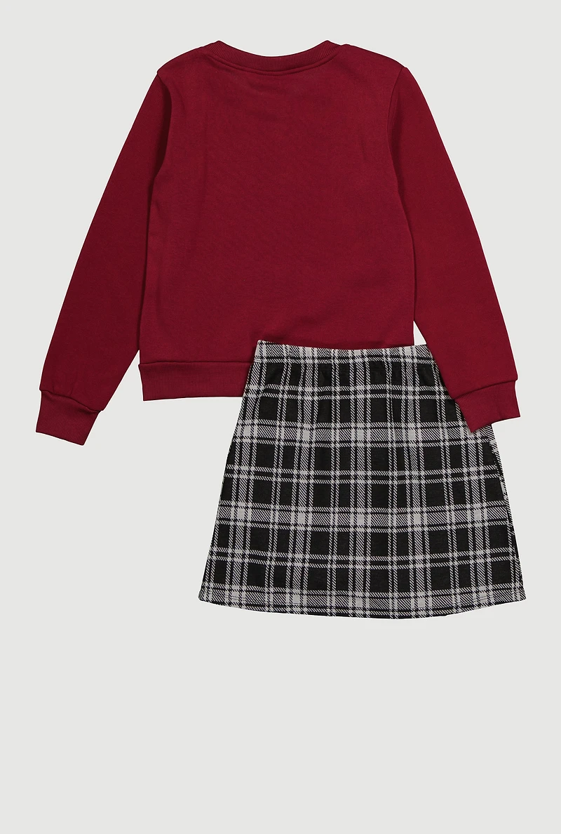 Girls Be Kind Graphic Sweater and Plaid Skirt, Burgundy,