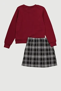 Girls Be Kind Graphic Sweater and Plaid Skirt, Burgundy,
