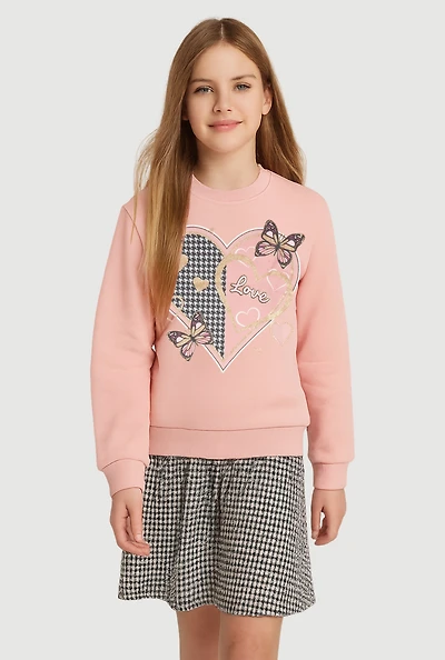 Girls Love Butterfly Sweatshirt and Houndstooth Skirt, Pink, Size 14-16