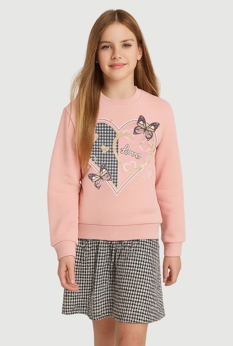 Girls Love Butterfly Sweatshirt and Houndstooth Skirt, Pink, Size 14-16