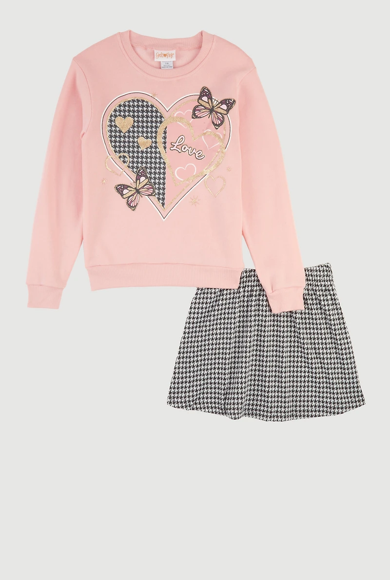 Girls Love Butterfly Sweatshirt and Houndstooth Skirt, Pink, Size 14-16
