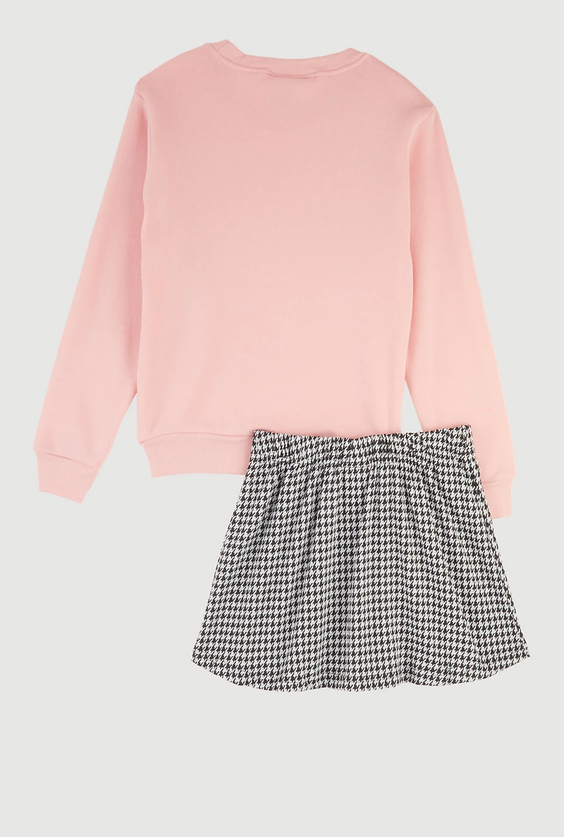 Girls Love Butterfly Sweatshirt and Houndstooth Skirt, Pink, Size 14-16