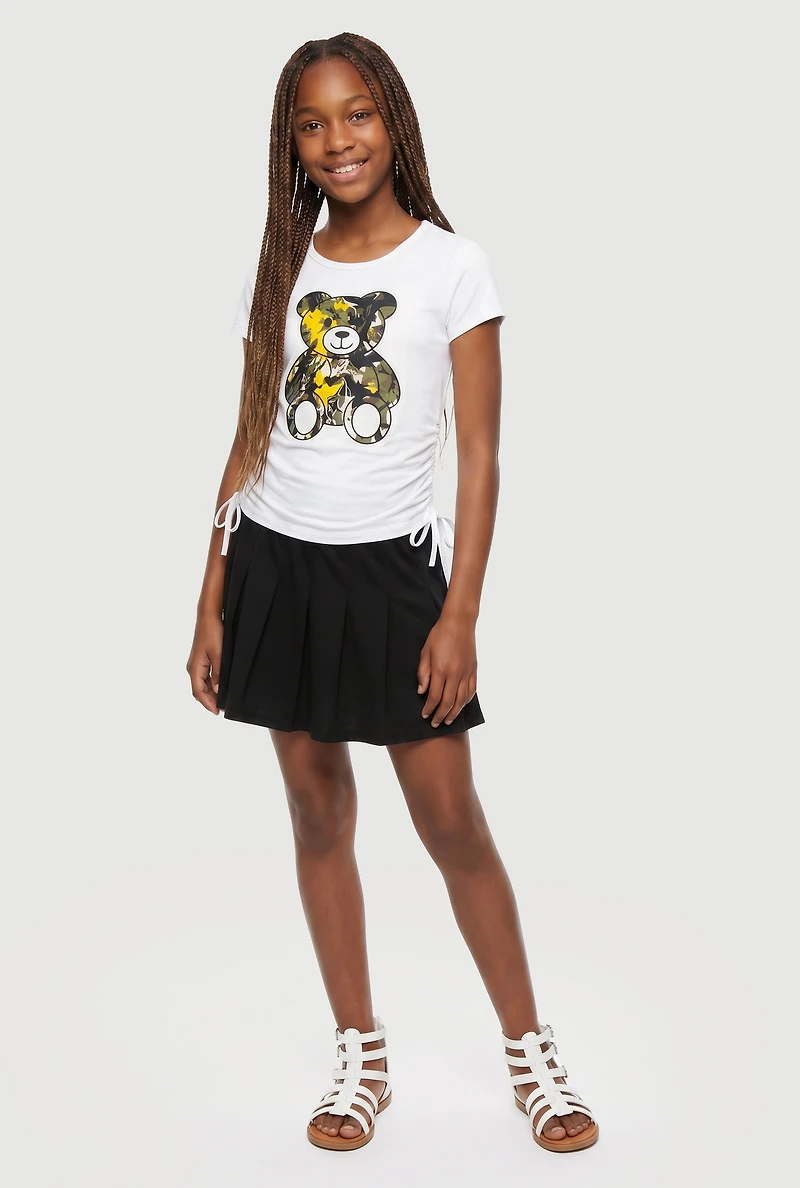 Girls Bear Graphic Ruched T-Shirt and Skirt Set