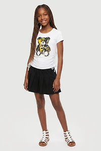 Girls Bear Graphic Ruched T-Shirt and Skirt Set