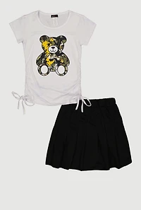 Girls Bear Graphic Ruched T-Shirt and Skirt Set
