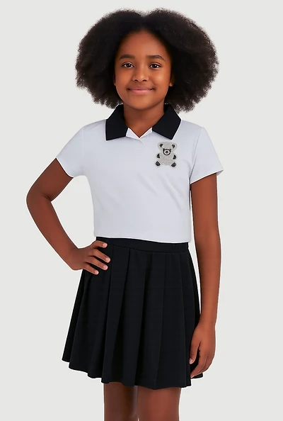 Girls Rhinestone Bear Polo Shirt and Pleated Skirt, Black, Size 10-12