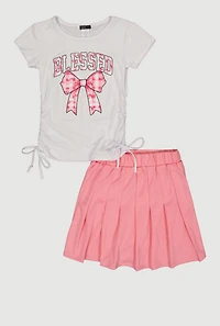 Girls Blessed Ruched Side Graphic Tee and Pleated Skort Set
